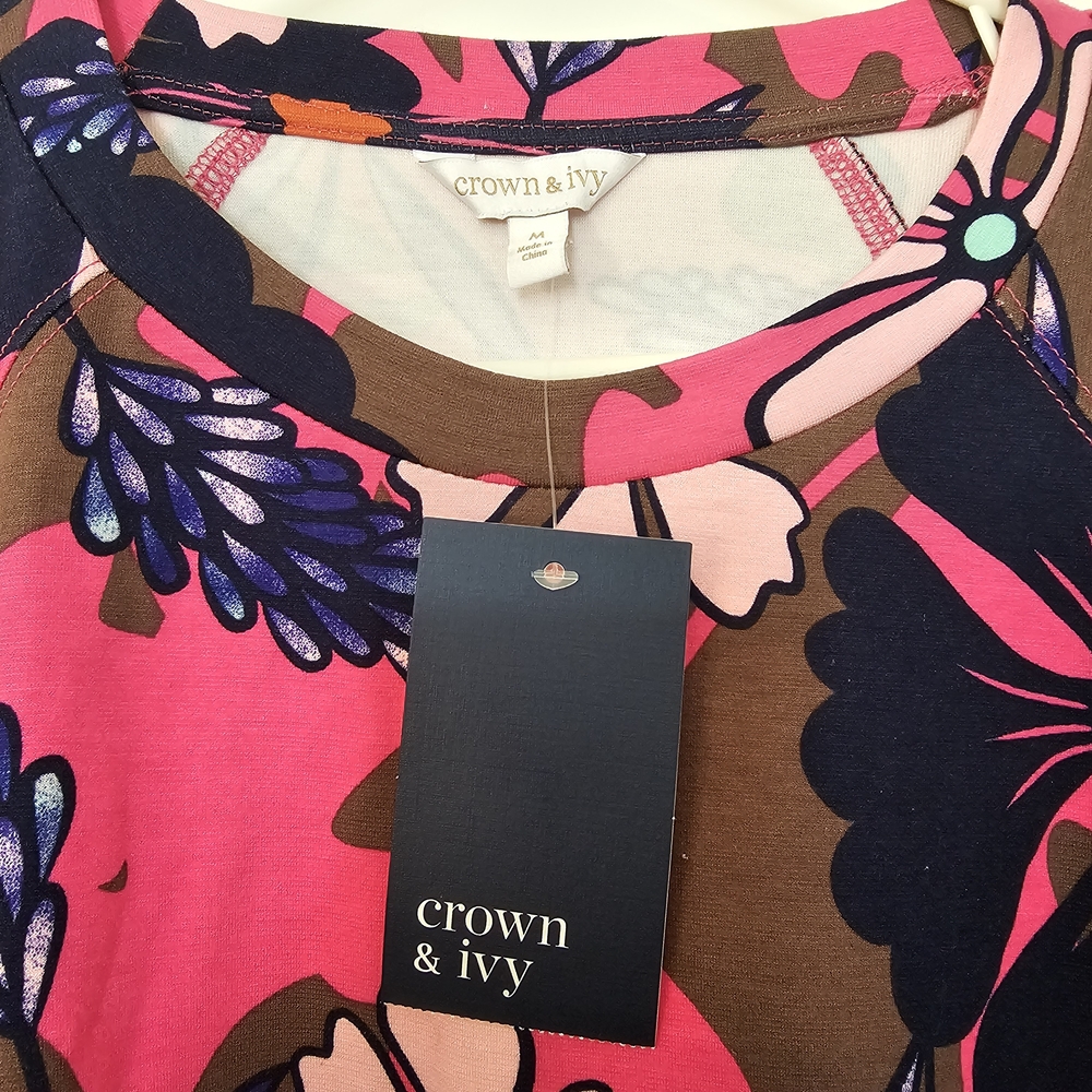 NWT Crown & Ivy Vibrant Pink and Brown Floral Tee - Picture 4 of 12
